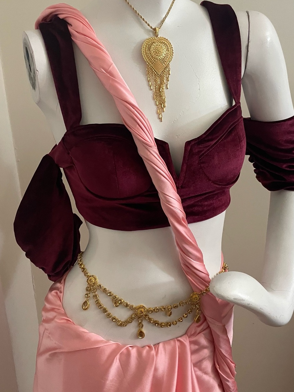 Women Saree - Maroon Velvet Blouse with Pink Satin Saree